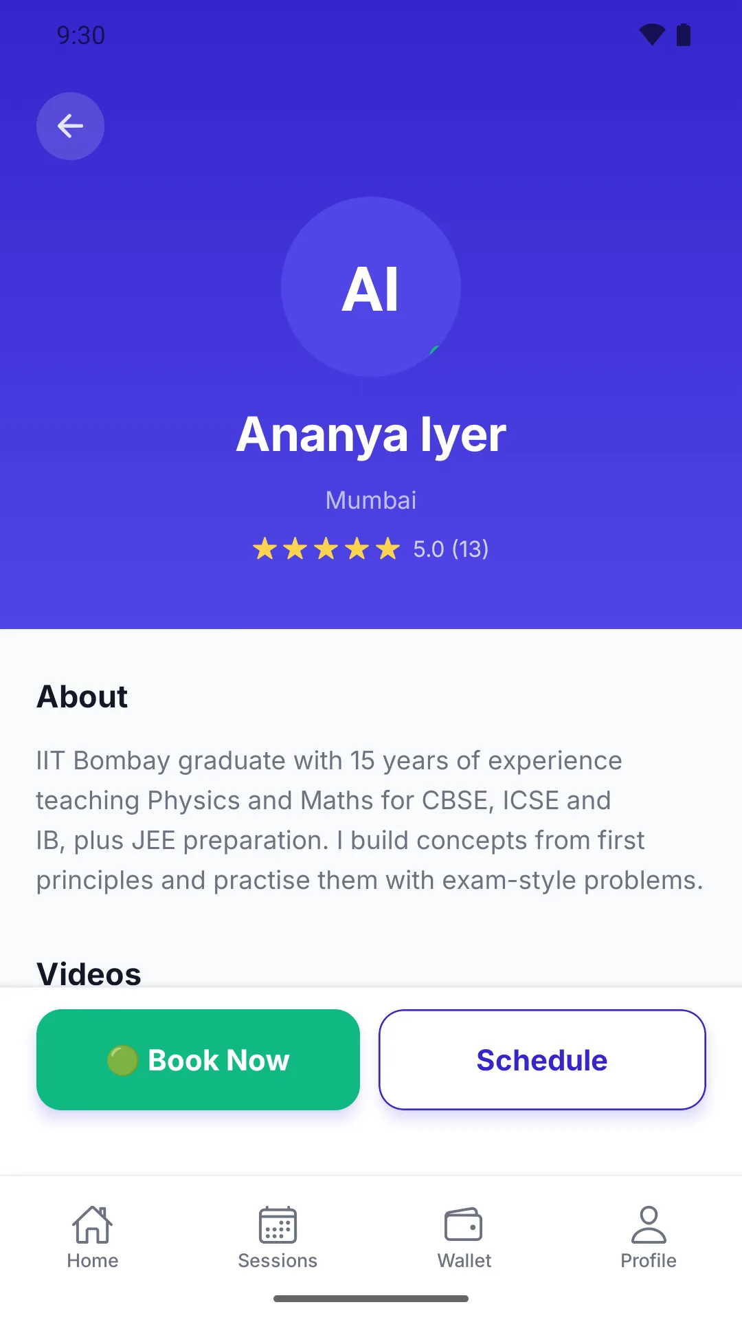 Educator profile with bio, location and star rating