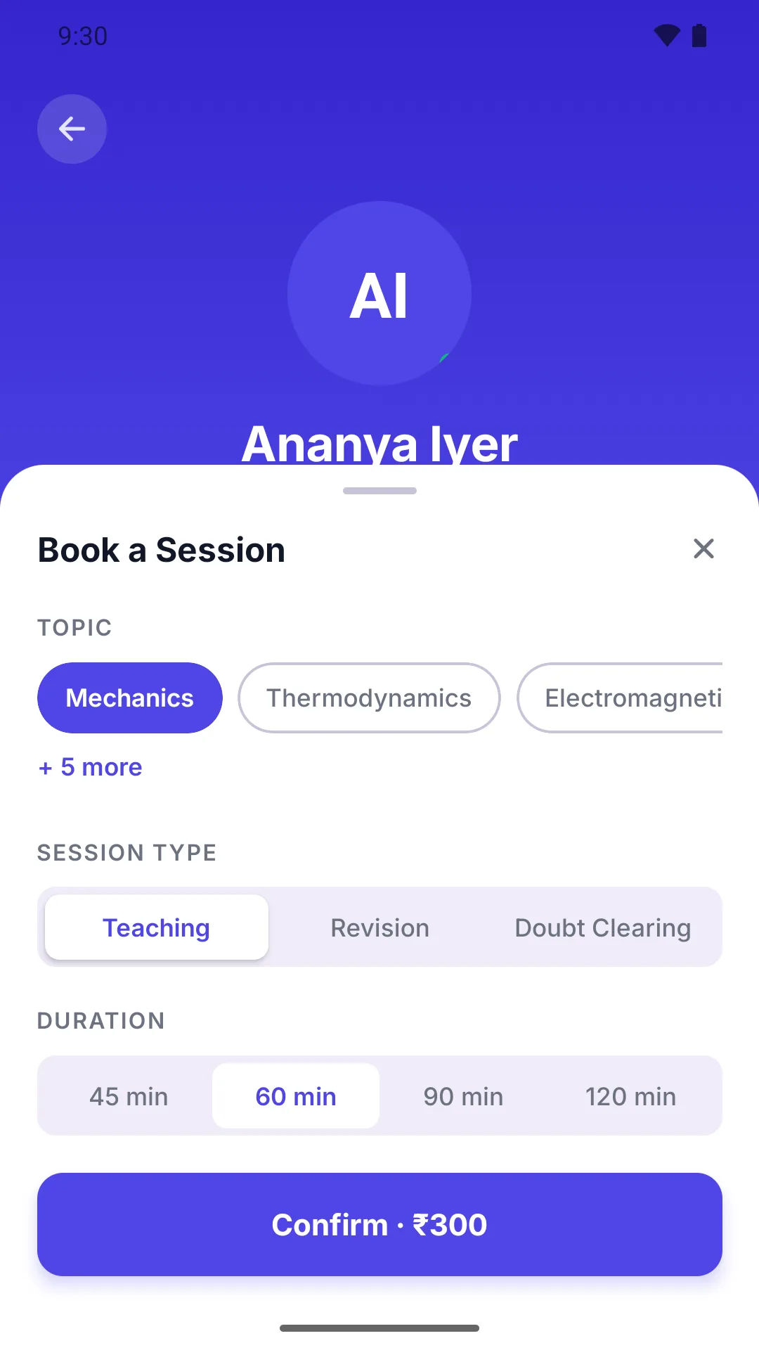 Booking sheet with topic, session type and duration options