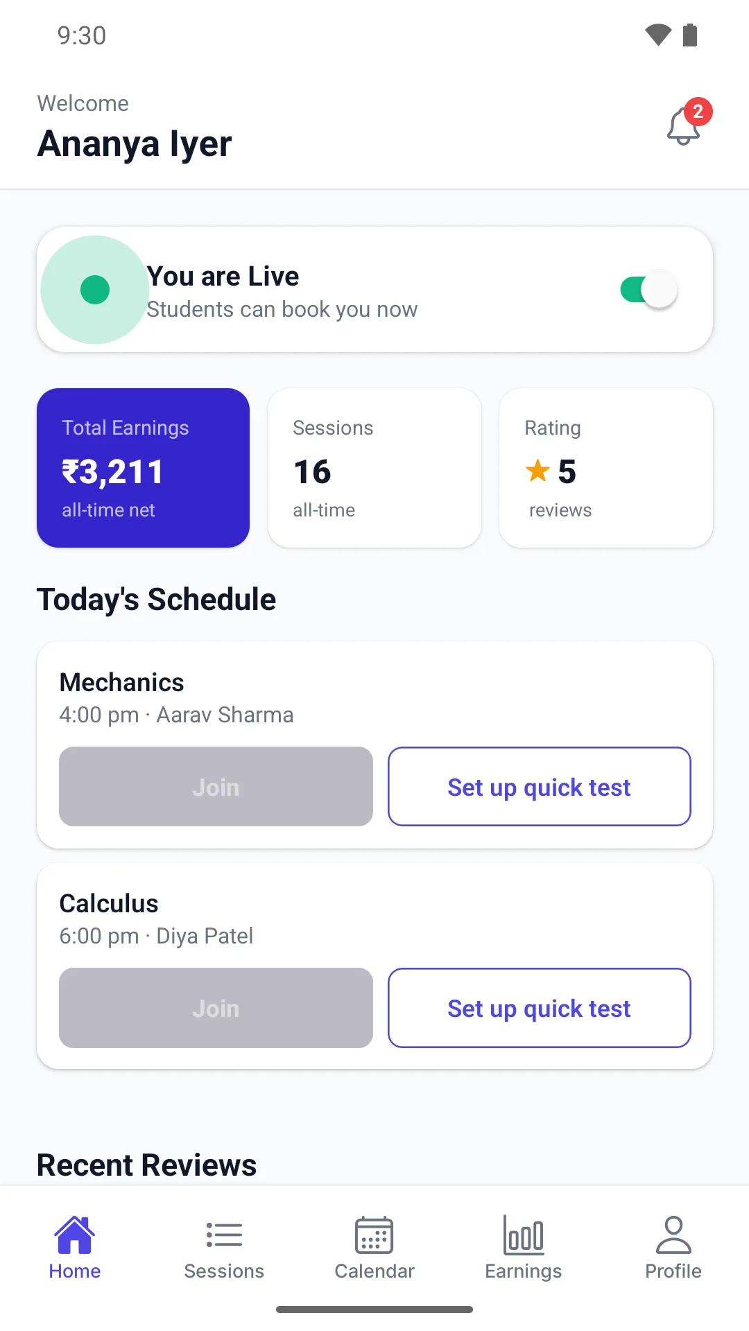 Educator dashboard with live toggle, earnings and today's schedule
